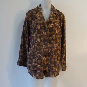 Womens Doze Brown 2Pc Set Palm Tree Print Silk Blend Pajamas Top/M Shorts/L